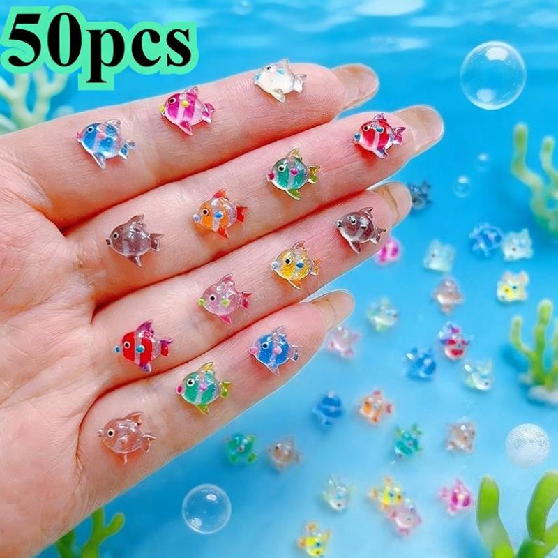 

50pcs Resin Cute Mini Colored Crystal Fish, Shells, Seahorses Art Nail Flat Back DIY Scrapbook Decor Jewelry Crafts Accessories