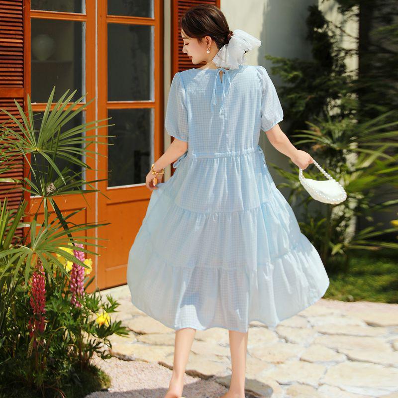 Chiffon Karomuster Kurzarmkleid für junge Mütter und ältere Frauen