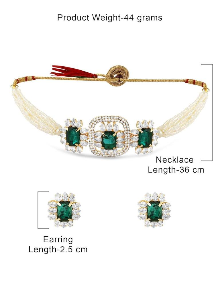 Green Statement Stones Embellished Multistrand Beaded Choker Necklace & Earring Set For Women