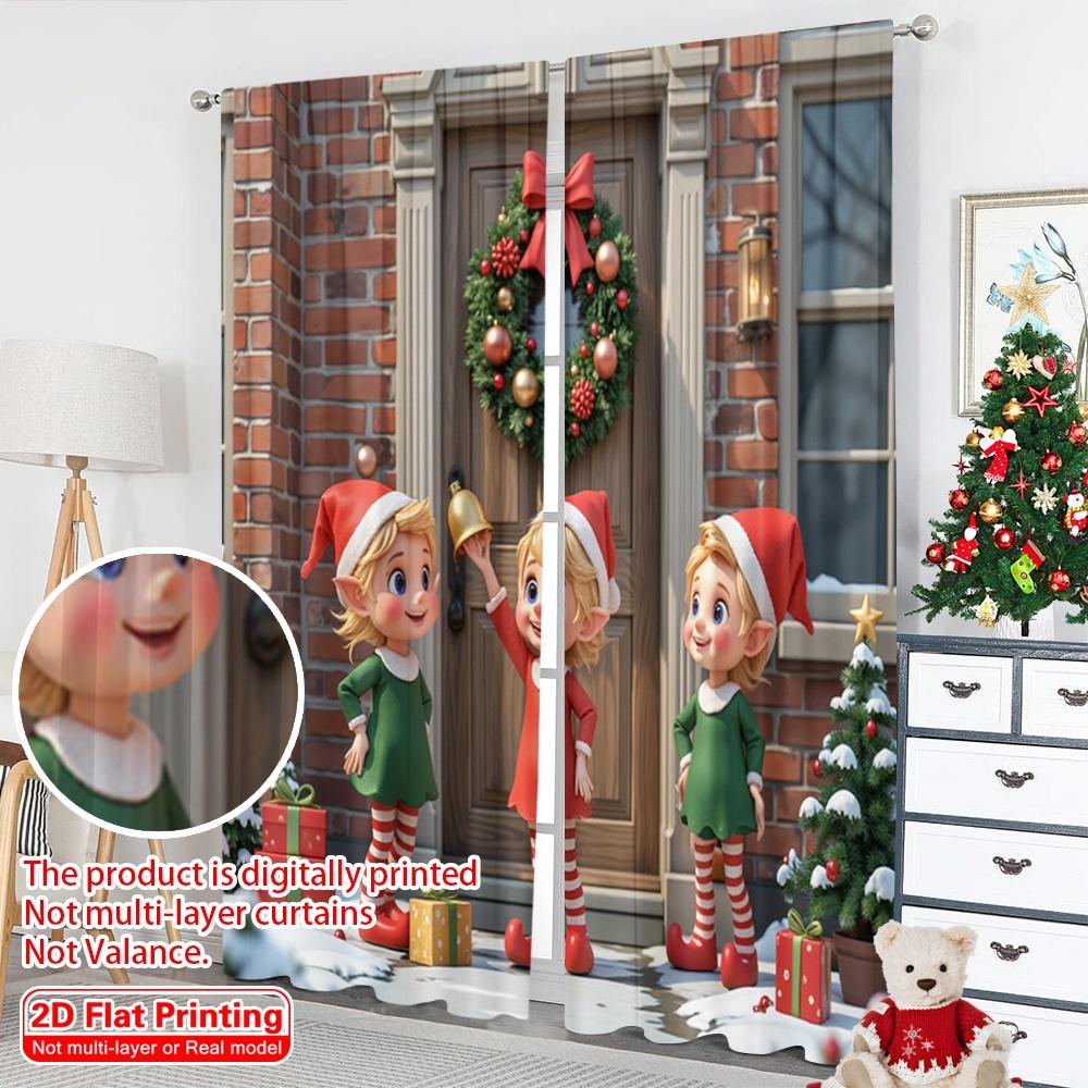 2pcs 2D flat printing Merry Christmas Popular Curtains Cute Christmas Elf Door 100% Polyester Without Electricity Spring for