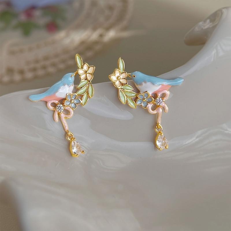 Bird Flower Earrings with Geometric Details Metal Construction Statement Ear Jewelry Suitable for Long Lasting Shine