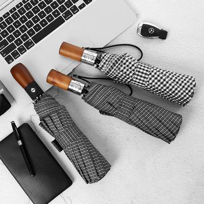 Three-fold Automatic Umbrella Folding Umbrella British Style Male Solid Wood Plaid Fabric Umbrella