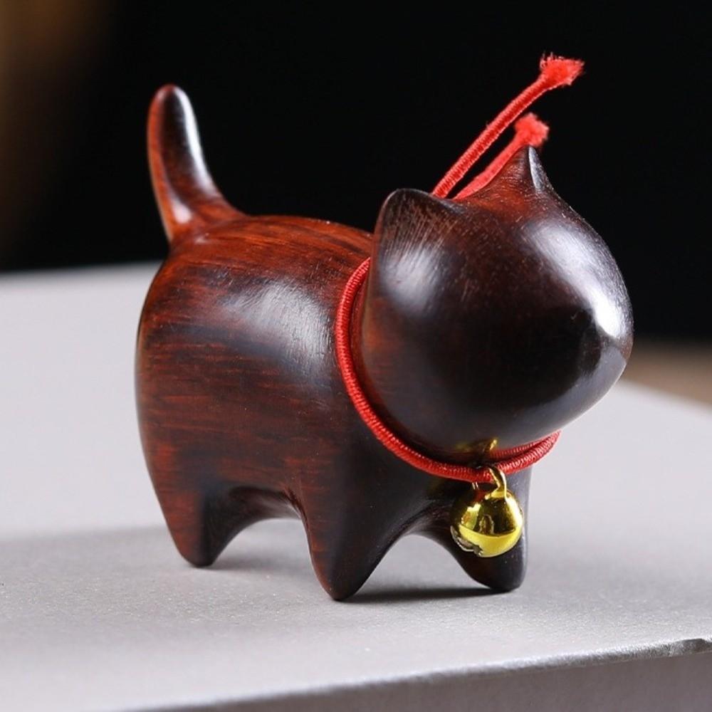Wood Carving Wooden Cat Figurine Handmade Kitten Sculpture Lucky Cat Ornament Bookshelf Display