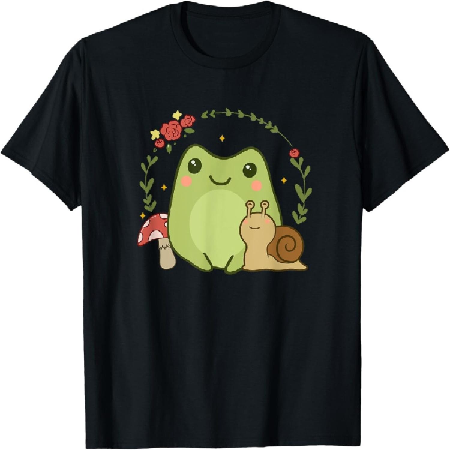 Cute Kawaii Frog Snail Mushroom Cottagecore Aesthetic T-Shirt S
