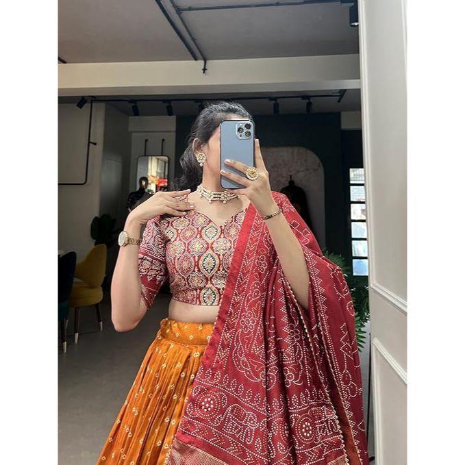 Woman's Perfectly  Collection Tussar Silk Lehenga Choli Patola Print with Foil Work ,Unstiched Blouse,