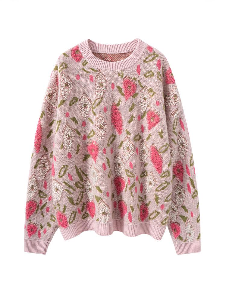 Cashmere Peach Blossom Jacquard Heavy Brushed Sweater, Round Neck, Loose Fit, Thick Wool.