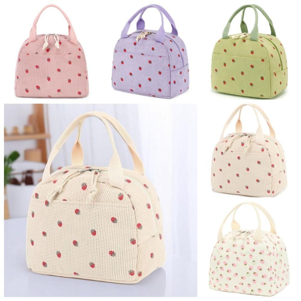 Cute Corduroy Lunch Bag Strawberry Pattern Insulated Design Picnic Tote Bags Large Capacity Reusable Food Pouch for Work Travel