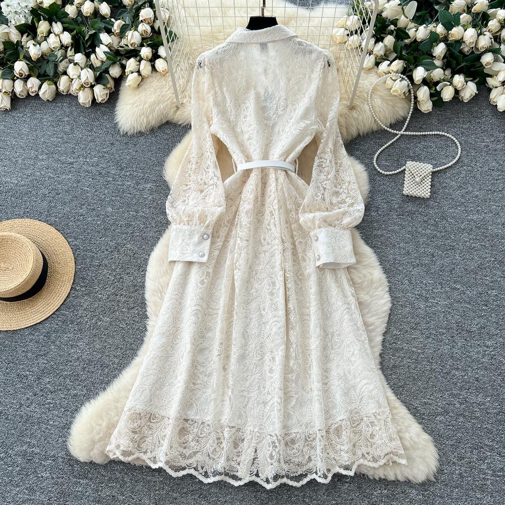 French Retro Heavy Industry Embroidery Bead Sequin Mesh Embroidery Strap Waist Single-breasted Dress Women's Elegant Long Skirt