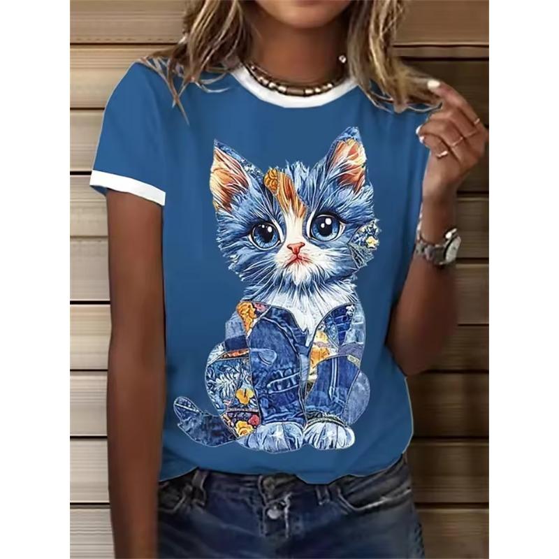Cartoon Graphic T-Shirt Women's Round Neck 3D Print Animal Cat Pattern Summer Tops Outdoor Casual Short Sleeve Fashion Women Clothing