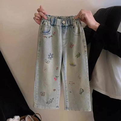 Girls Spring Summer Soft Loose Embroidered Jeans Baby Girl Straight Thin Style Denim Pants