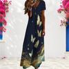 Women Plus Size V Neck Short Sleeve Floral Butterfly Printed Black Straight Long Dress