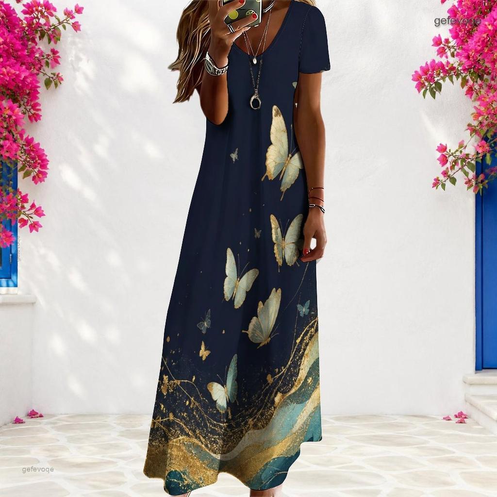 Women Plus Size V Neck Short Sleeve Floral Butterfly Printed Black Straight Long Dress