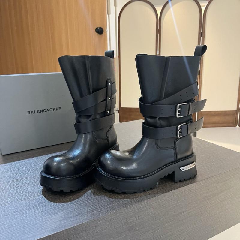 Niche design thick-soled medium-tube locomotive boots heightening Martin boots women's non-slip double buckle single boots