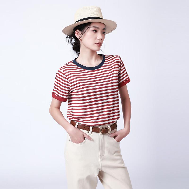 RAIN.CUN Women's Red Stripe Knit T-Shirt