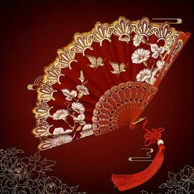1pc Traditional Chinese Handheld Folding Fan, Vintage Oriental Style,Elegant Fan with Floral Pattern, for Wedding, Dance, Photography, Qipao Accessory