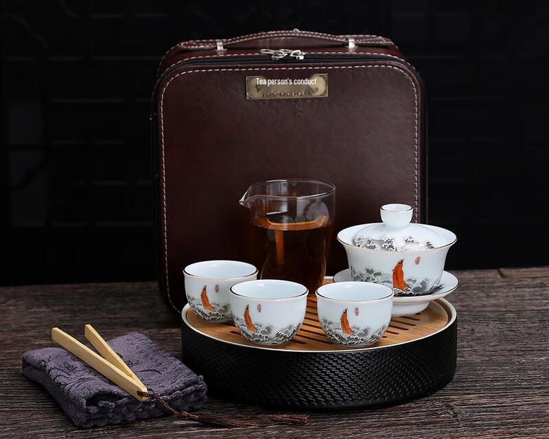 TeaXun Mutton Fat Jade Porcelain Portable Tea Set - Guan Cang Hai Ink