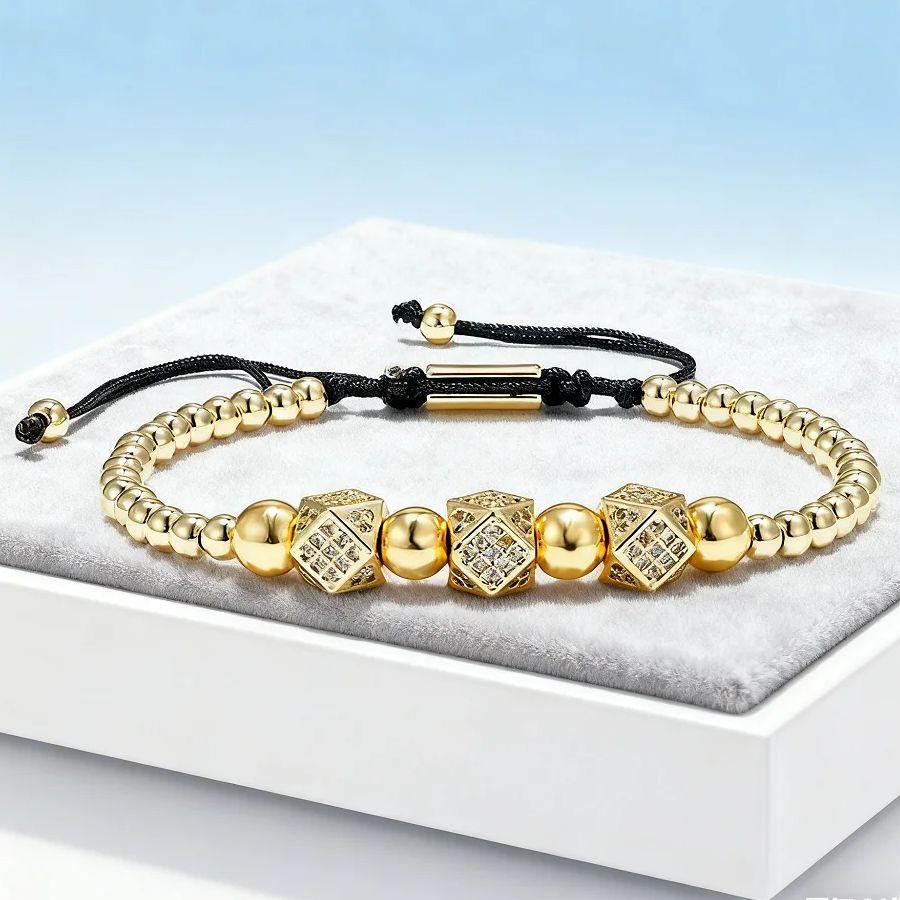 Bracelet Vintage en Cuivre Incrusté de Zirconium Haut de Gamme Sens du Design Hexagonal Réglable Tressé