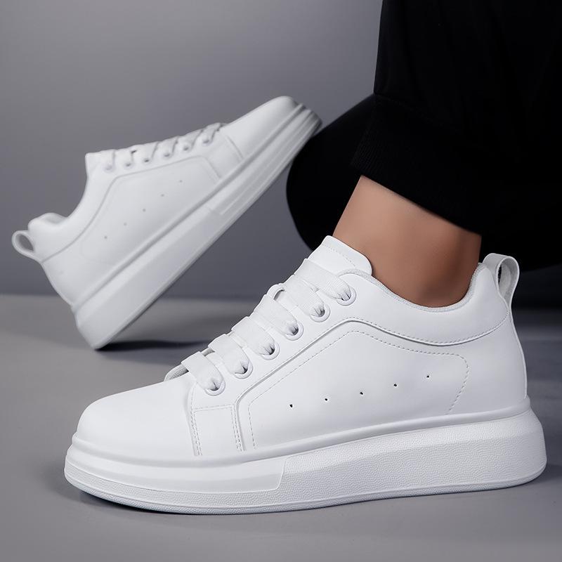 Men's White 8CM Height-Increasing Round Toe Microfiber Lace-up Casual Shoes with Thick Sole