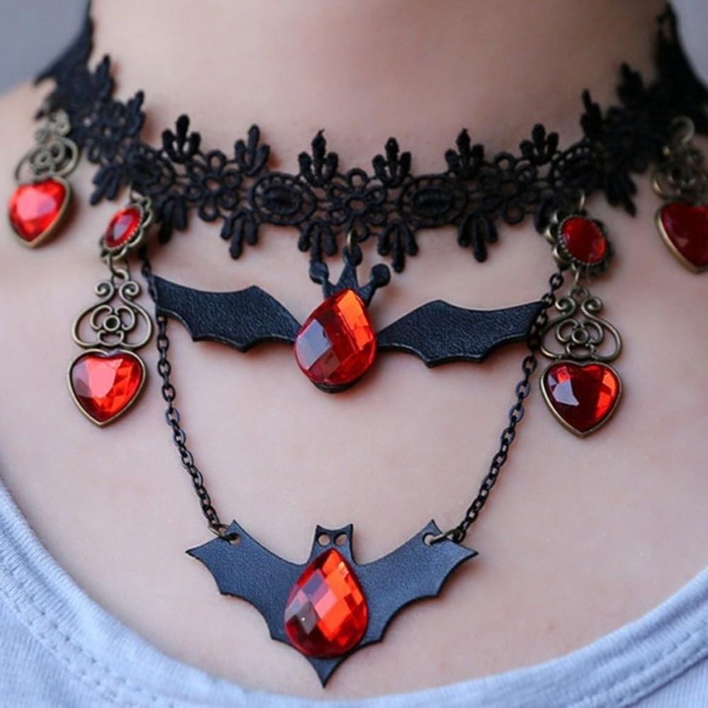 Dark Style Gothic Choker Red Rhinestone Heart Bat Earrings Halloween Necklace Holiday Gift