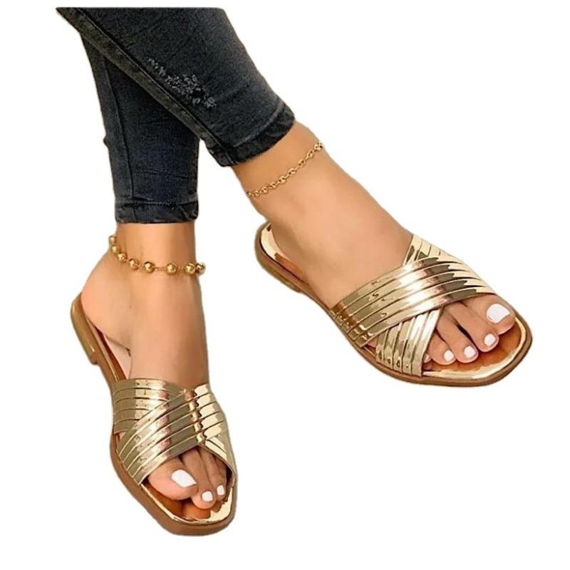 Large Size Slippers Women Wish Summer New Comfortable Outer Wear Patent Leather Casual Flat Slippers