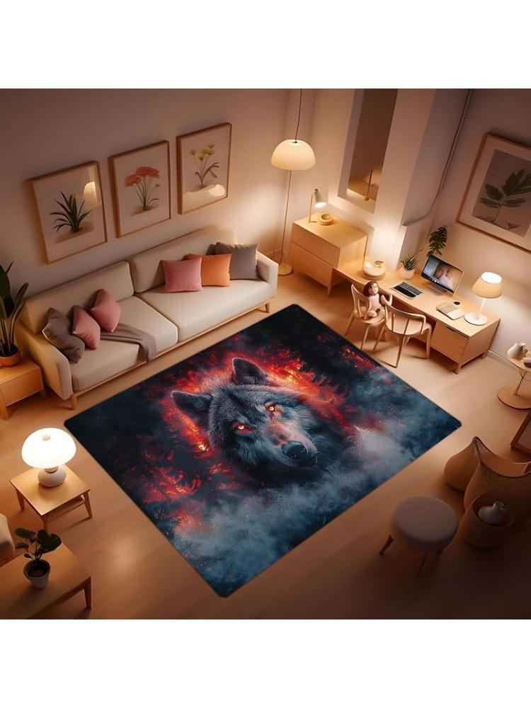 Wolf print pattern area rug, howling wolf under the moon plush area rug, suitable for living room bedroom dining room entrance