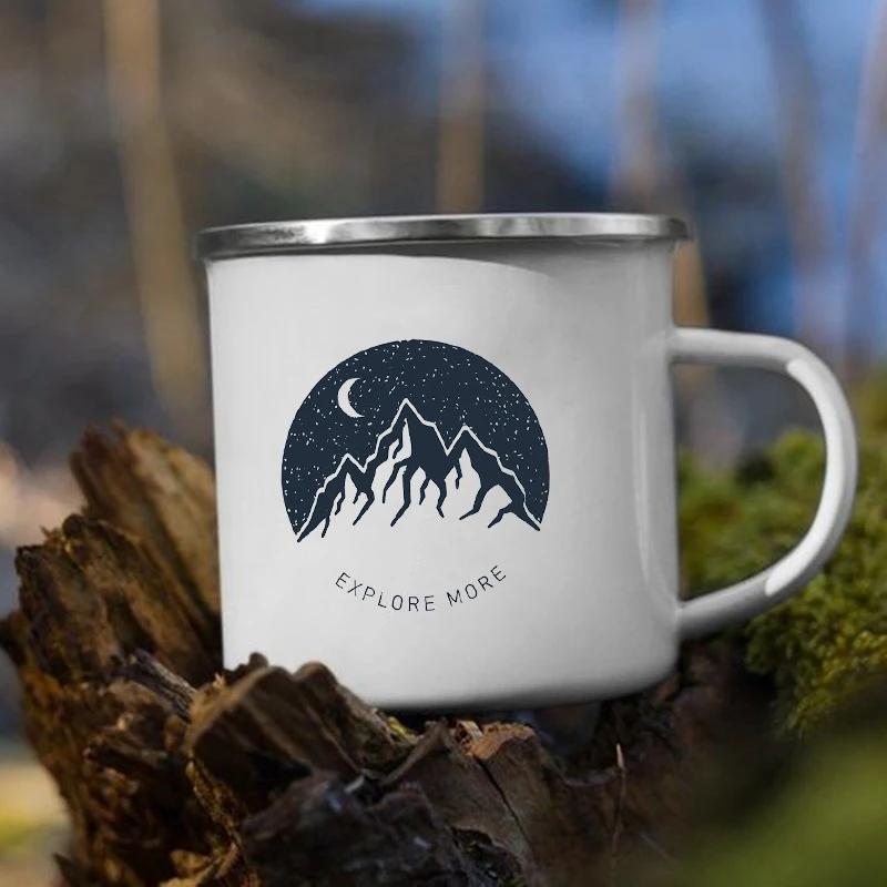 Stampa 'Le Montagne Aspettano' Tazza Smaltata Creativa Campeggio Caffè Tè Acqua Latte Tazze Manico Bicchiere Vacanza Escursionismo Regalo