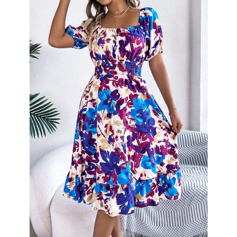New Women's Floral Print Square Neck Dress, Short Sleeve A-Line Midi Dress with Ruffle Hem & Tie Waist for Spring Summer Casual Party & Daily Wear