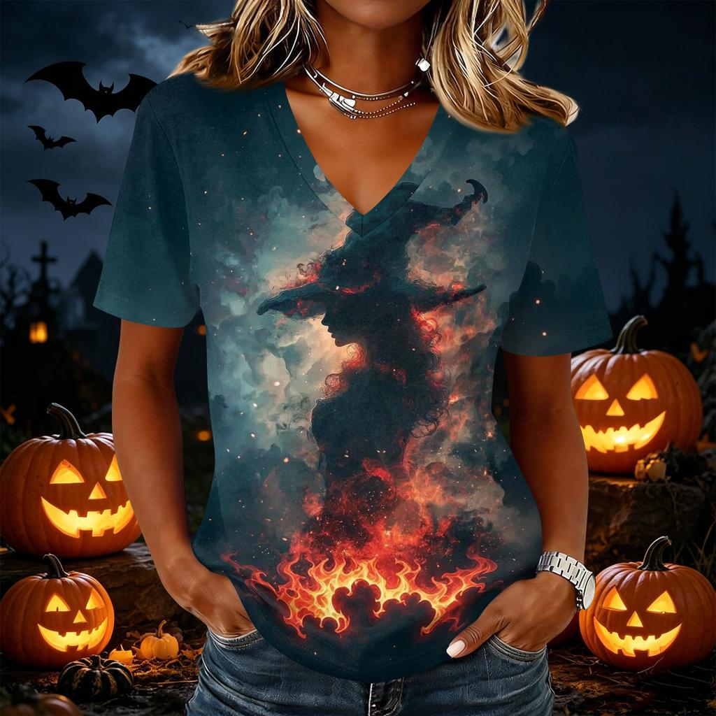 Women's Short Sleeve V-Neck Halloween Print T-Shirt Casual Top for Party