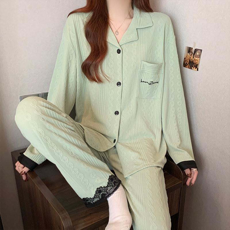 Pajamas Women's Spring and Fall Long-Sleeved Simple Style Can Be Worn Outside The Thin Section of Cotton Homewear Suit