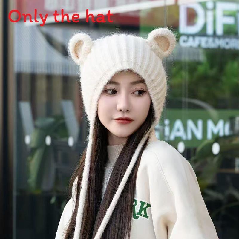 Bear Cute Knitted Hat With Ear Protection And Solid Color Design For Cold Daily