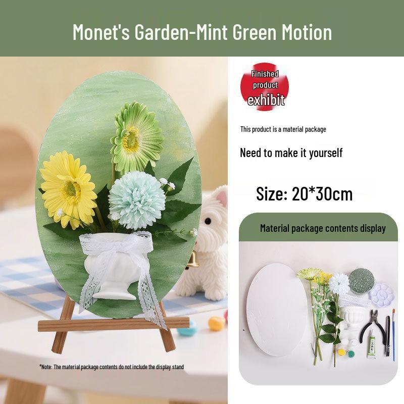 3D French Flower Arrangement DIY Kit: Monet’s Garden Oil Painting with Preserved Flowers & Plaster Ornaments - Ideal for Team Building Activities