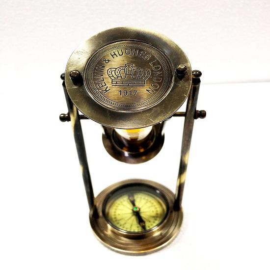 Revolving Yellow Liquid White Sand Timer 9" Antique Solid Brass Ship Maritime Wheel Hourglass with Compass