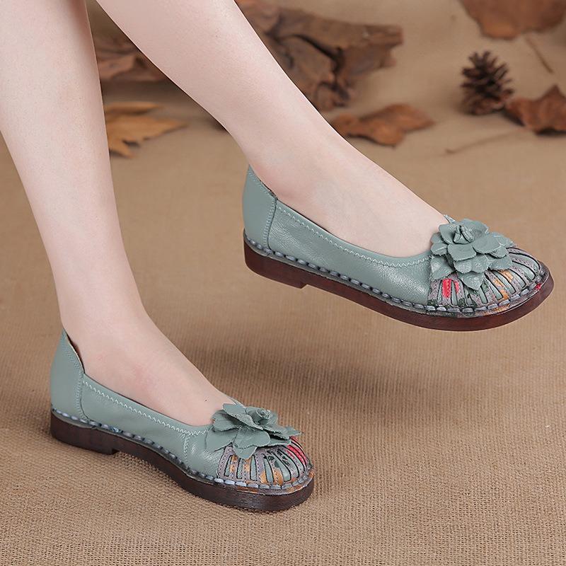 New First-layer Cowhide Casual Flat-soled Women's Shoes Flower Leather Women's Single Shoes
