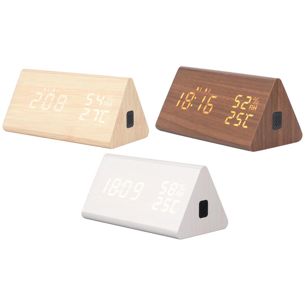 LED Digital Alarm Clock Multipurpose Wooden Clock with Voice Control Humidity Temperature Week Time 