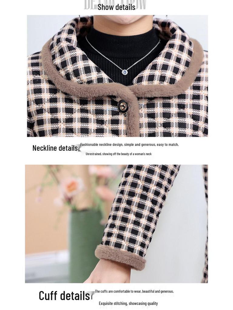 Winter Plaid Cotton-Padded Jacket for Middle-Aged & Elderly Women - Thick, Warm, and Stylish Outerwear