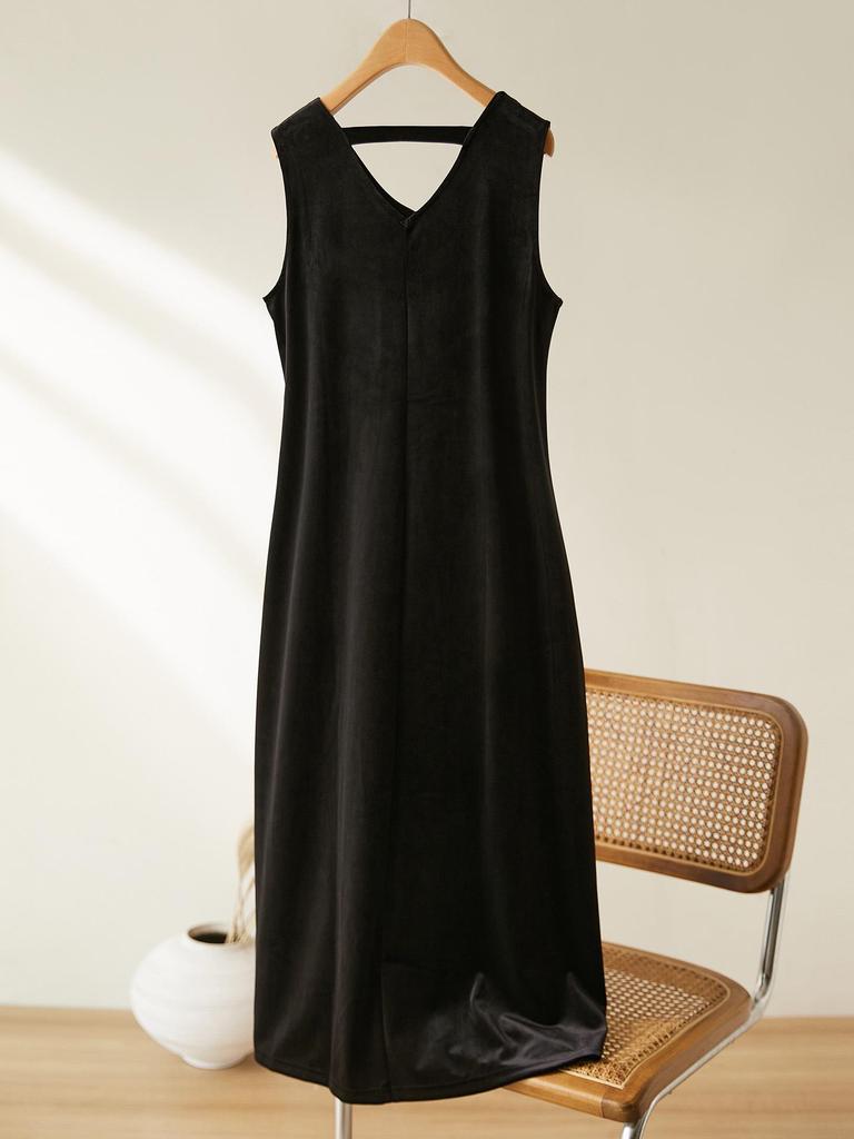 Damen Herbst Samtkleid Gold: Hepburn-Stil, Ärmellos, V-Ausschnitt, Spaghettiträger, Hochwertig, Lang