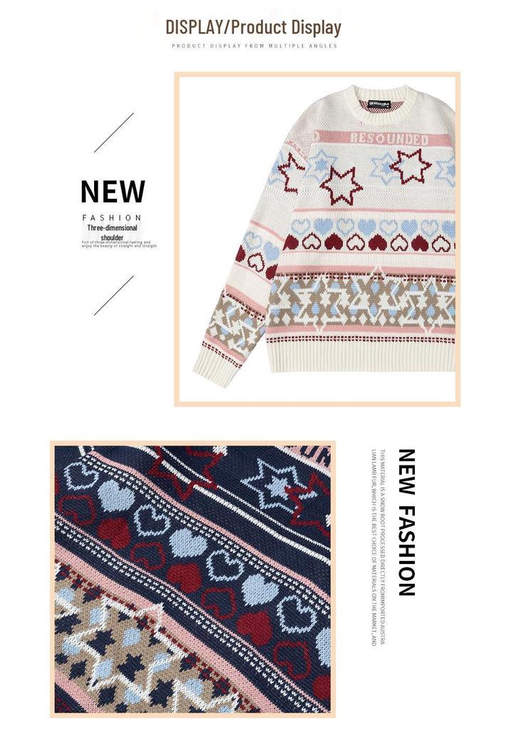 Unisex Autumn Jacquard Knit Sweater - Cozy Round Neck, Loose Fit