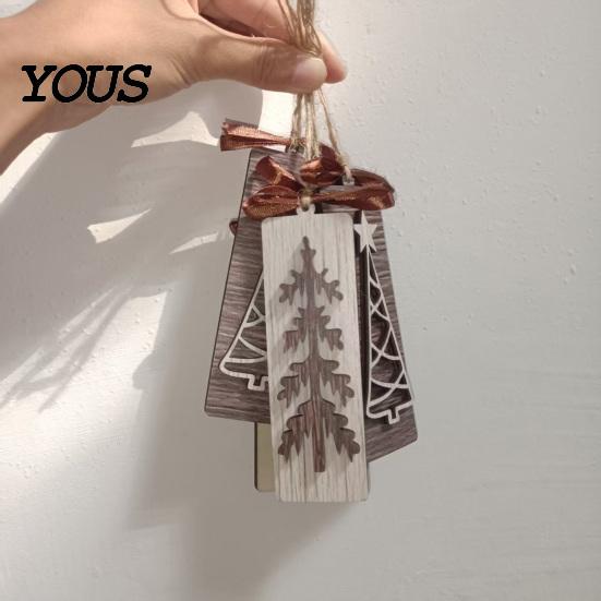 Indoor Xmas Tree Trims Wooden Christmas Pendant with Lanyard, Double Layer Solid Wood Party Supplies Hanging Ornament, Bow Decor for Holiday
