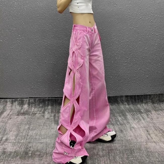 Jeans décontractés à design ajouré personnalisé pour femmes, nouvelle collection été, taille haute, coupe ample et fine, polyvalents, pantalon large large jusqu'au sol