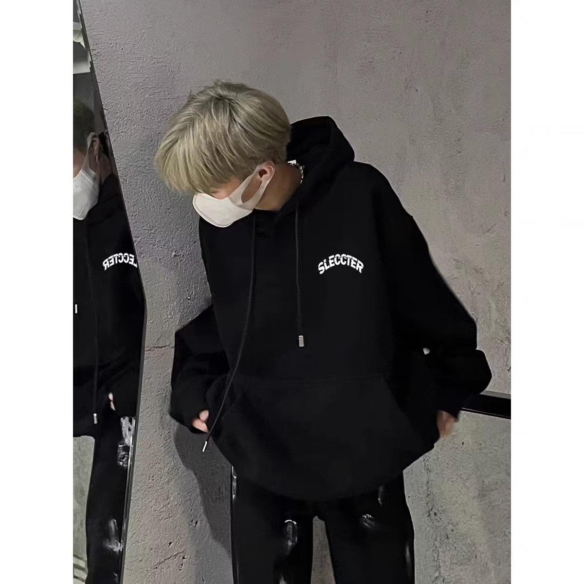 

Мужская толстовка с капюшоном весной и осенью, свободная и модная универсальная куртка с буквенным принтом, мужская толстовка с длинными рукавами, повседневный топ M чёрный