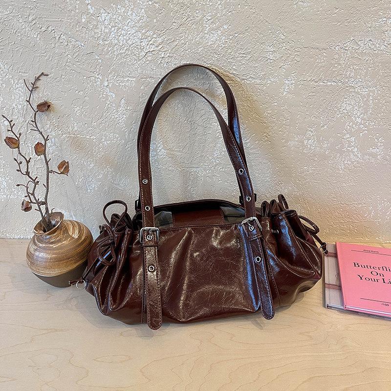 Pink PU Shoulder Bag For Women Trendy Large Capacity Commuter Tote Bags Simple Casual Motorcycle Style Traveling Handbags