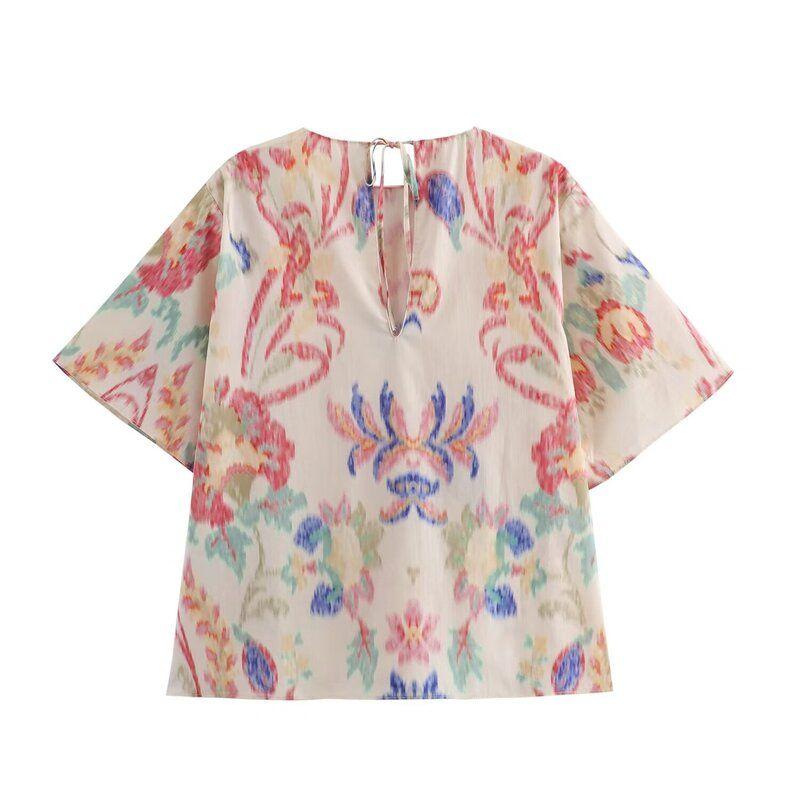 Fashion Style 2024 Autumn New Women's Round Neck Short Sleeve Printing Color Contrast Tops Paper Bag Mid Waist Pants 8414194