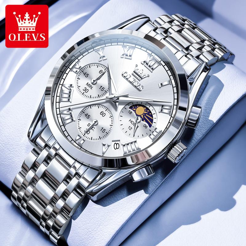 OLEVS Herrenuhr Original Mode Luxusmarke Wasserdicht Leuchtend Quarz Uhr Mondphase Automatisches Datum Uhren für Männer Chronograph