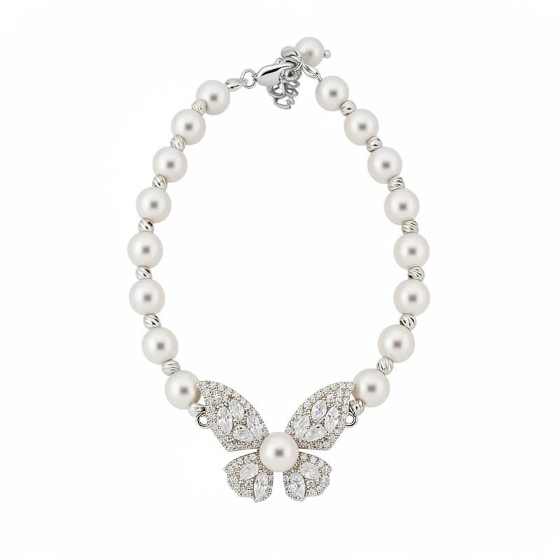 Elegant Butterfly Bracelet With Zirconia Accents Imitation Pearl Beads Pink Tone Womens Fashion Jewelry Office