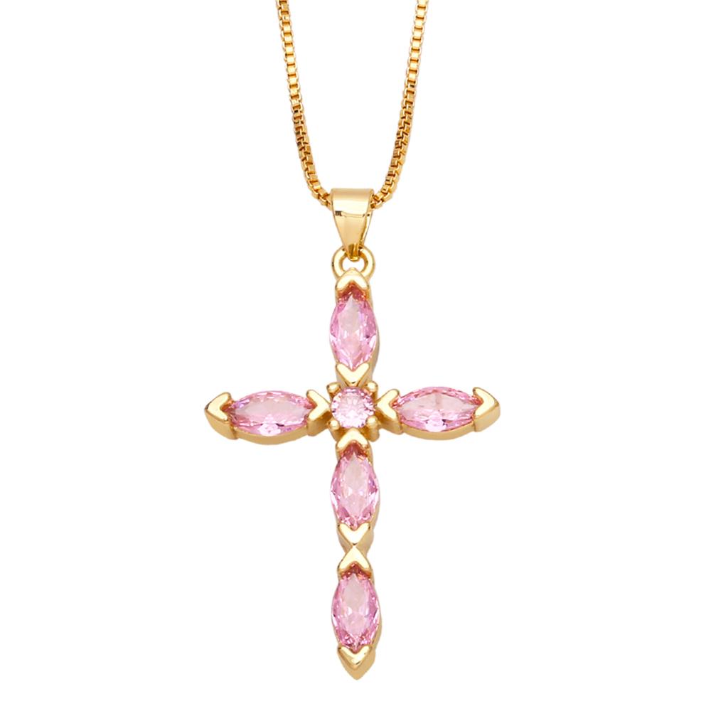 FLOLA Simple Pink Crystal Cross Necklaces for Women Gold Plated Box Chain Amulet Necklaces Christian Jewelry nkeb194