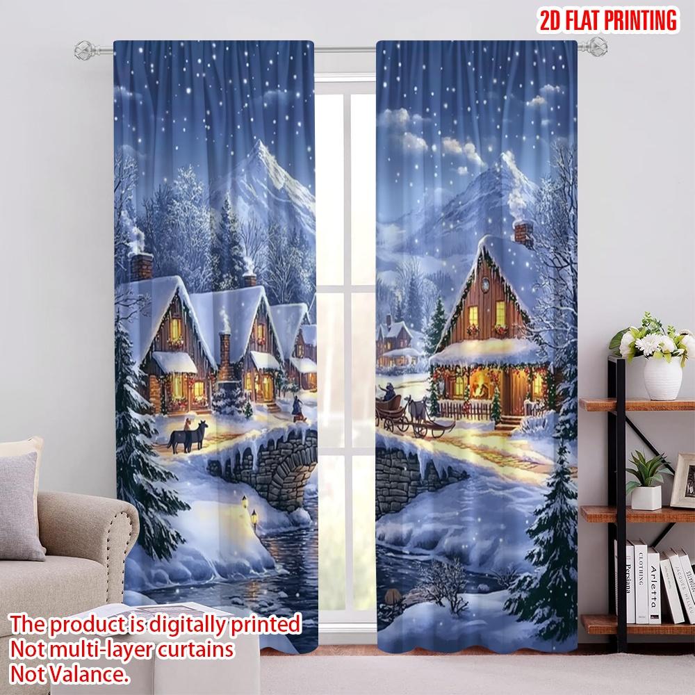 

Set Of 2 Flat Printing Merry Christmas Curtains Snow Village Print Party Polyester Without Electricity Festive Holiday Curtain W100*H70(CM)-Rod Pocket&2PCS