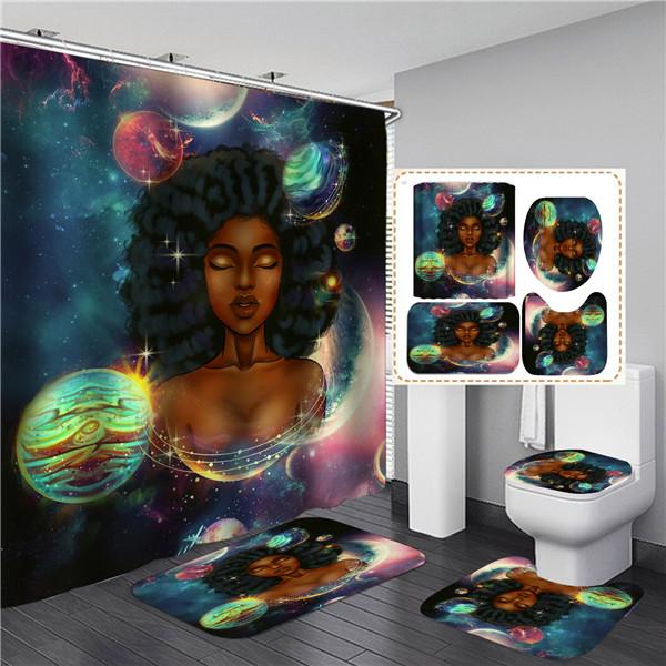 4PCS Full Set Bathroom Curtain Set Elegant African Black Woman Shower Curtain Hooks Modern Bath Mat Toilet Lid Cover Anti-slip Bath Mats