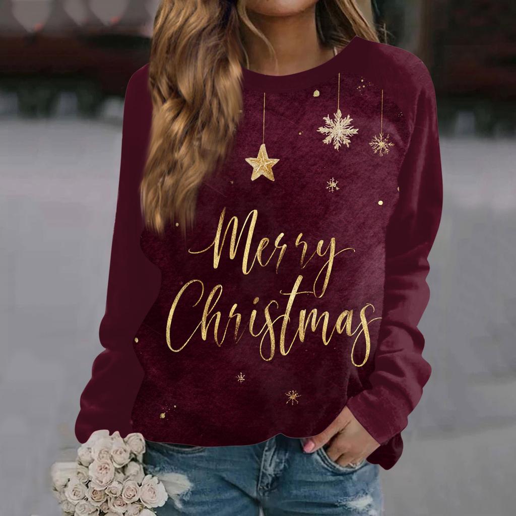 Women's Fashion Casual Long Sleeve Christmas Printed  Neck Sweatshirt Top