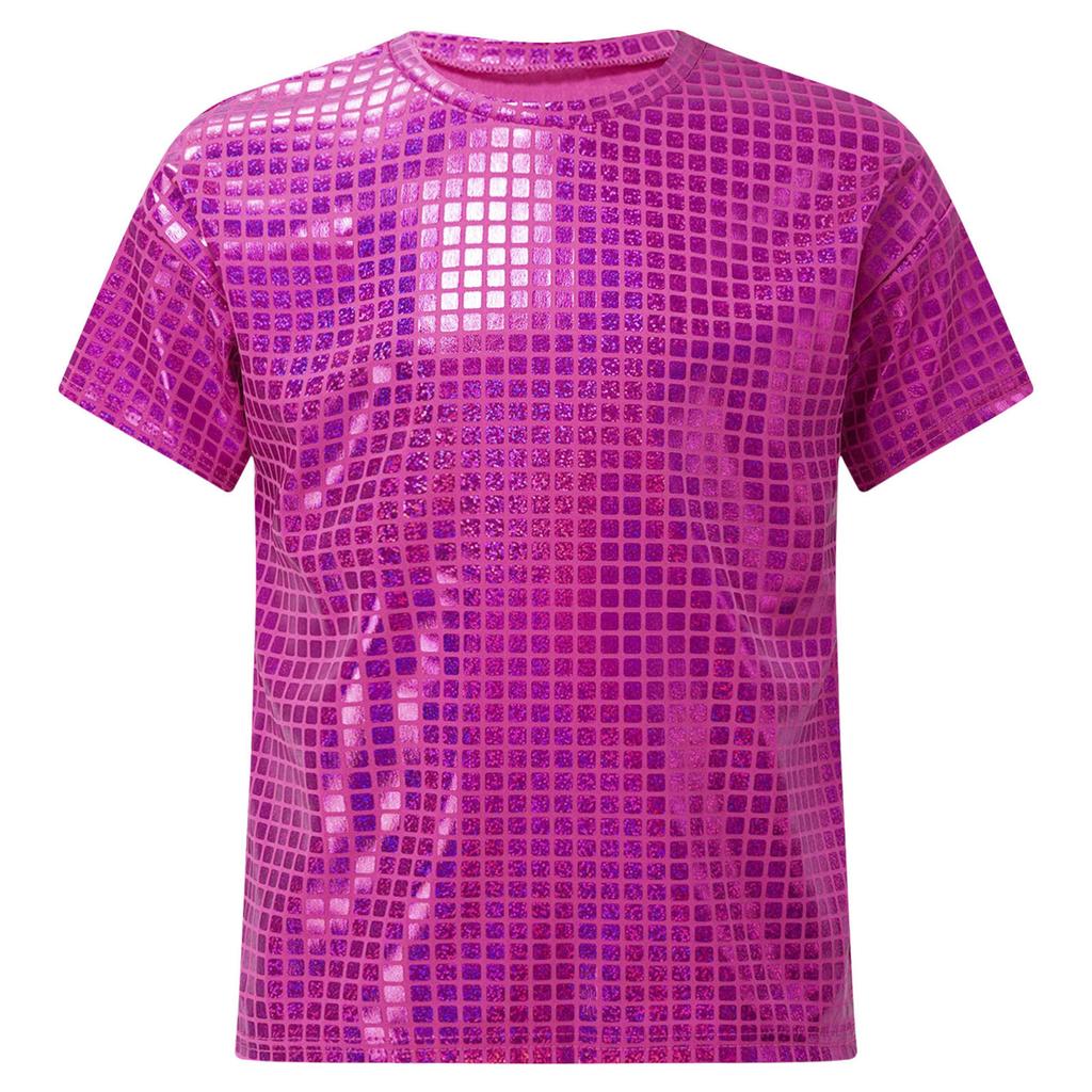 Unisex Kids Shiny Plaid Sequins T-shirt Round Neck Short Sleeve Cheerleading Dance Top