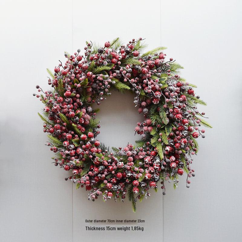 Handmade Christmas Wreath with Red Berries & Green Leaves on Steel Ring for Door Decoration